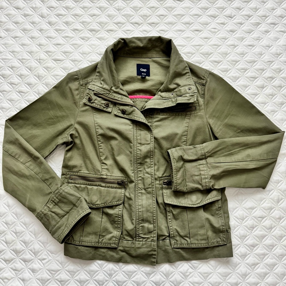 GAP Utility Full Zipper Cotton Jacket Army Olive Green with Pockets Size S - Picture 3 of 16